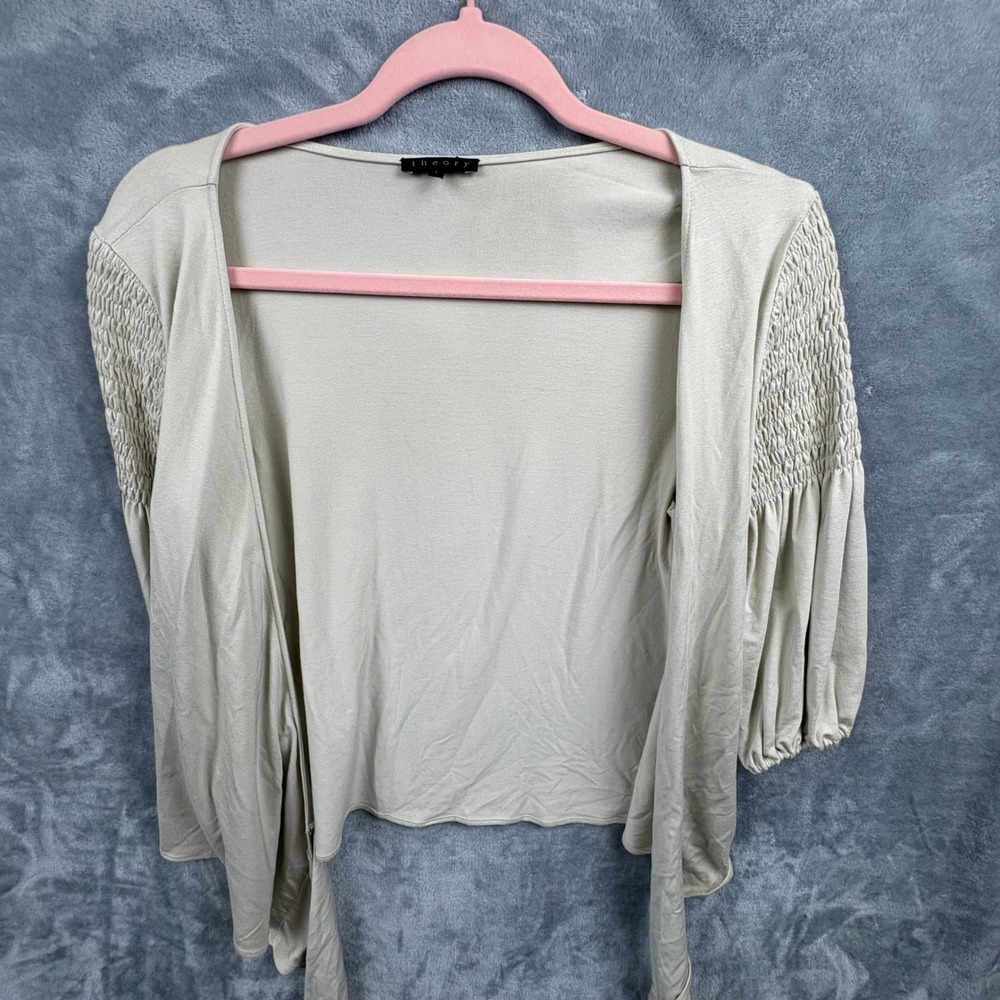 Theory Womens Beige Cotton Smocked Shoulder Tie Front Wrap Top Size Large - Picture 4 of 12